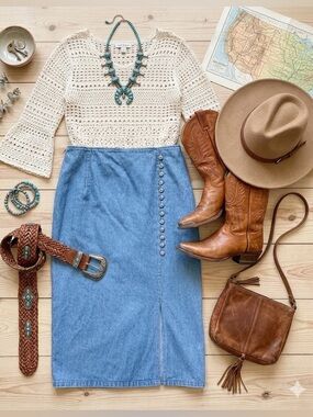 Kactus Jean skirt women’s midi or maxi skirt denim medium wash western cowgirl